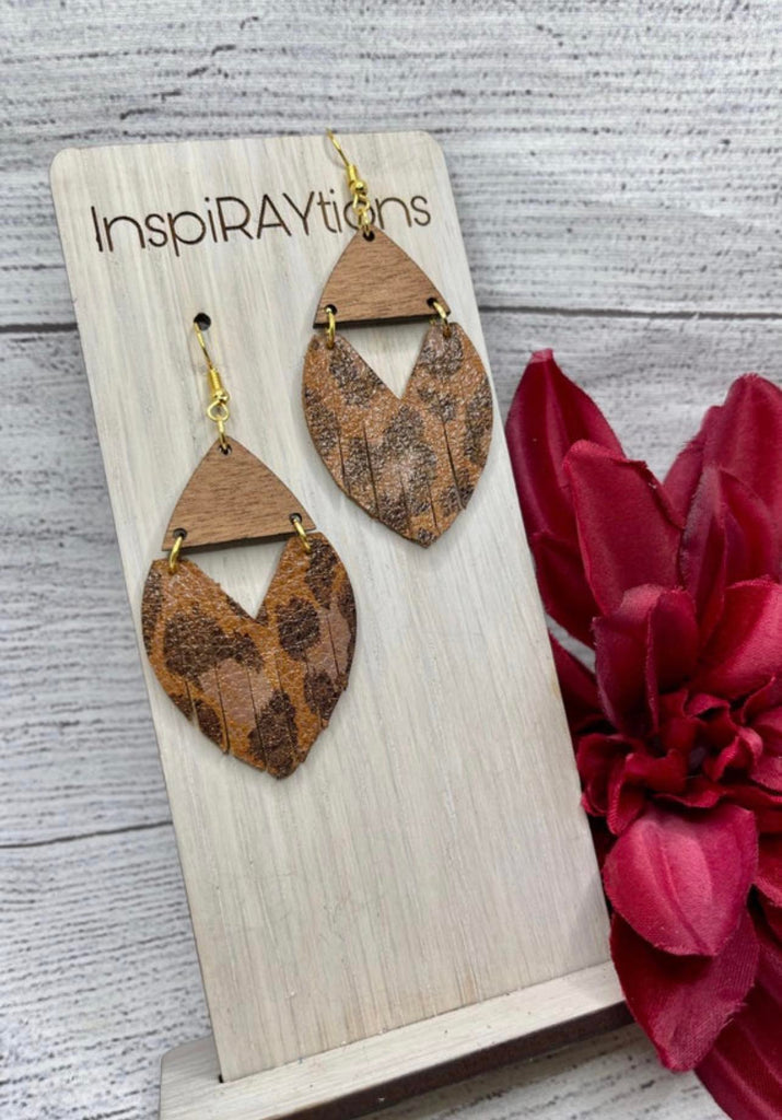 wood and leather animal print handmade earrings