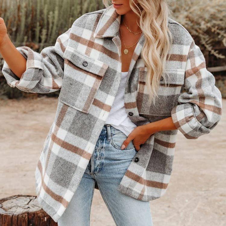 beige and gray shacket womens cute oversized flannel